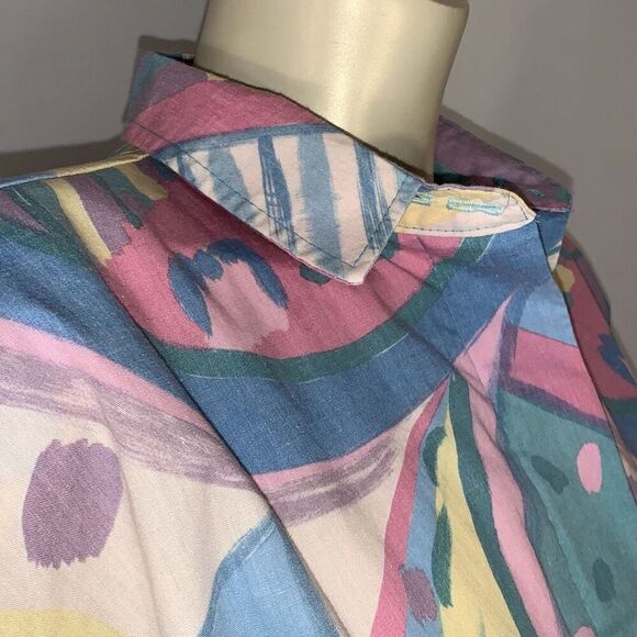 Vintage 80’s Unique Pastel Funky Print Bold Shoulder Button Down Long Sleeve Shi - Picture 10 of 16